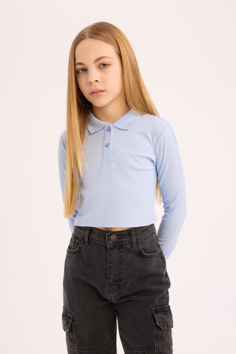 DeFacto Blue Girl Girl Slim Fit Ribbed Long Sleeve Polo T-Shirt Casual - Image 3